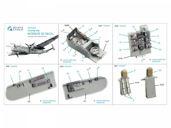 Quinta Studio QD72245 He 219 3D-Printed &amp; coloured Interior on decal paper (Dragon) 1/72