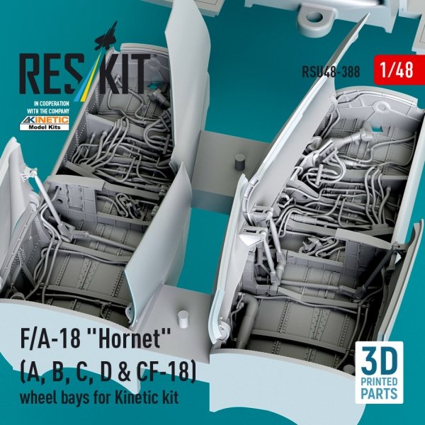 RESKIT RSU48-0388 F/A-18 &quot;Hornet&quot; (A, B, C, D &amp; CF-18) wheel bays for Kinetic kit (3D printed) 1/48