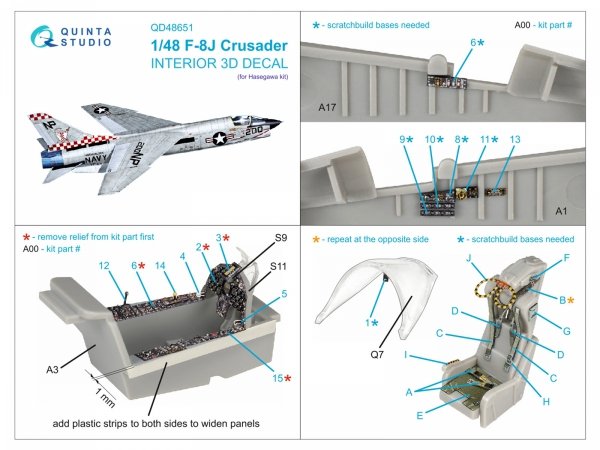 Quinta Studio QD48651 F-8J Crusader 3D-Printed &amp; coloured Interior on decal paper (Hasegawa/Hobby 2000) 1/48