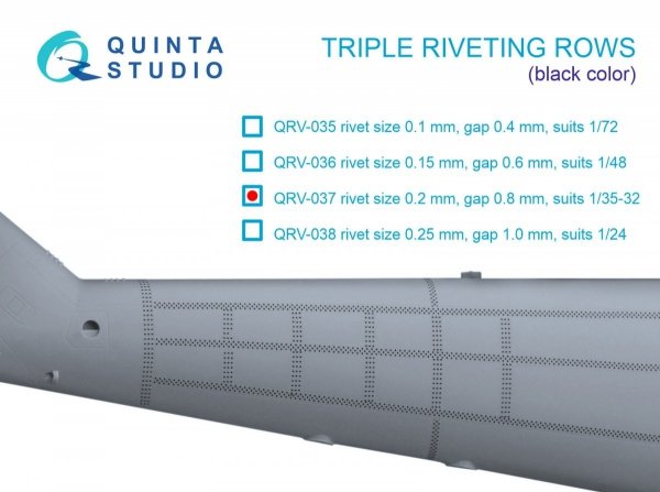 Quinta Studio QRV-037 Triple riveting rows (rivet size 0.20 mm, gap 0.8 mm, suits 1/32 scale), Black color, total length 3.7 m/12 ft