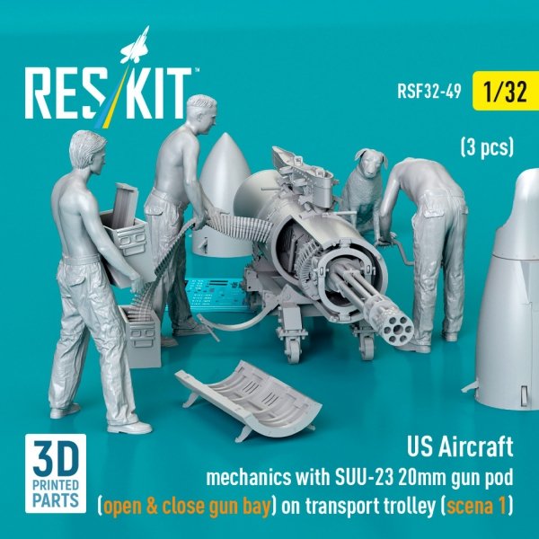 RESKIT RSF32-0049 US Aircraft mechanics with SUU-23 20mm gun pod (open &amp; close gun bay) on transport trolley (scene 1) (3 pcs) (3D Printed) (1/32)