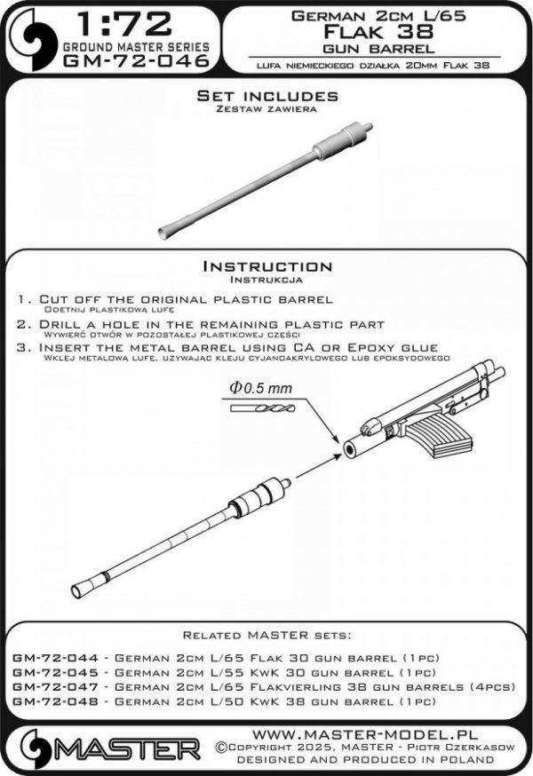 Master GM-72-046 Lufa niemieckiego działka 2cm L/65 Flak 38 (1 szt.) 1/72