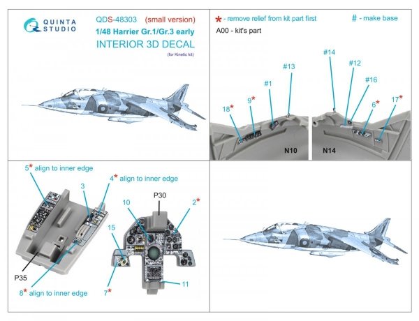 Quinta Studio QDS-48303 Harrier Gr.1/Gr.3 Early 3D-Printed &amp; coloured Interior on decal paper (Kinetic) (Small version) 1/48