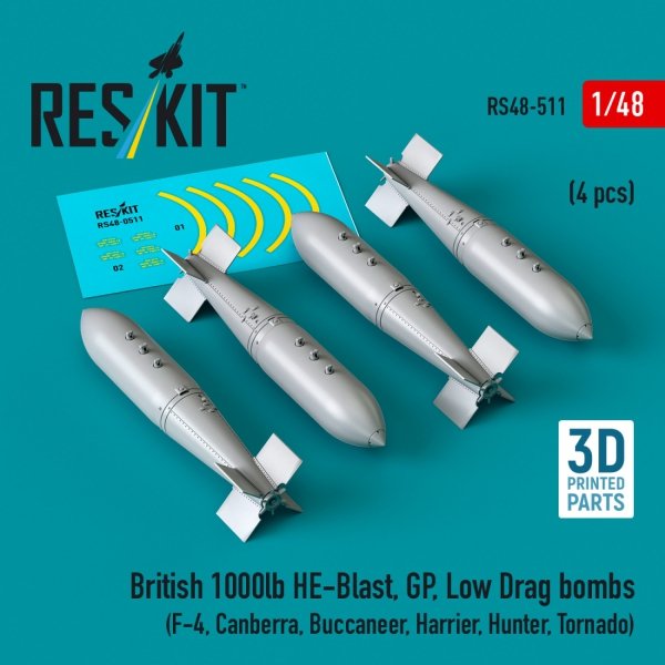 RESKIT RS48-0511 British 1000lb HE-Blast, GP, Low Drag bombs (4 pcs) (3D printed) 1/48
