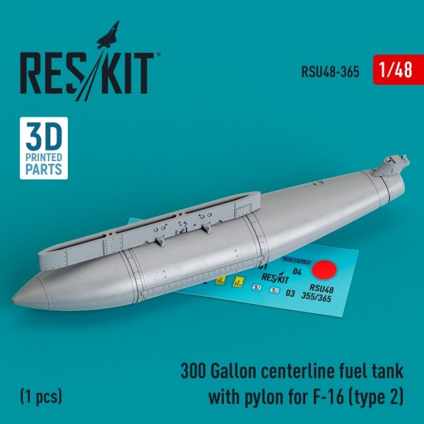 RESKIT RSU48-0365 300 Gallon centerline fuel tank with pylon for F-16 (type 2) (1 pcs) (3D Printed) 1/48