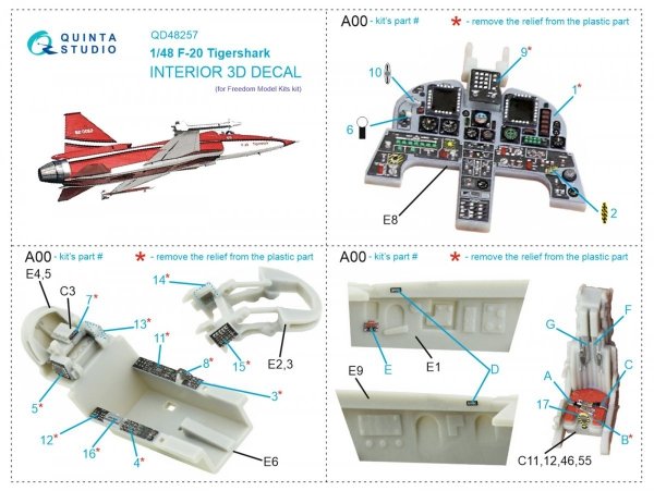 Quinta Studio QD48257 F-20 Tigershark 3D-Printed &amp; coloured Interior on decal paper (Freedom Model) 1/48