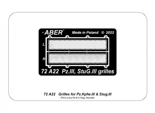 Aber 72A22 Siatki do Czołgu Pz.Kpfw.III i działa Stug.III / Grills for Pz.Kpfw. III &amp; StuG III  1/72