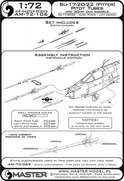 Master AM-72-106 Sukhoi Su-17, Sukhoi Su-20, Sukhoi Su-22 (Fitter) - Pilot Tubes and 30mm gun barrels 1:72