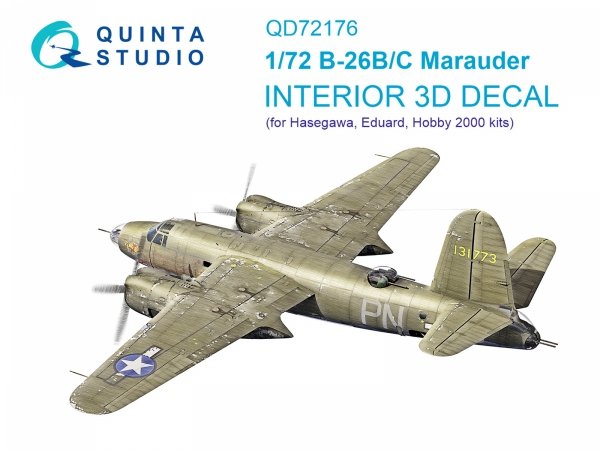 Quinta Studio QD72176 B-26B Marauder 3D-Printed &amp; coloured Interior on decal paper (Hasegawa/ Eduard/ Hobby2000) 1/72