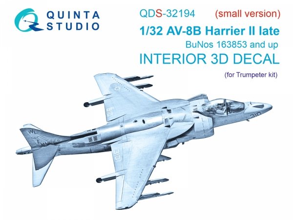 Quinta Studio QDS-32194 AV-8B Harrier II late 3D-Printed &amp; coloured Interior on decal paper (Trumpeter) (small version) 1/32