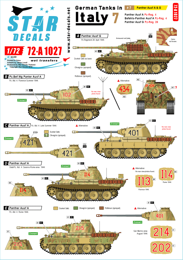 Star Decals 72-A1027 German tanks in Italy # 7. Panther Ausf A and G. 1/72