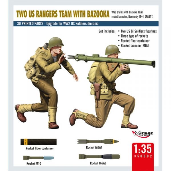 Mirage Hobby 350002 Two US Rangers Team With Bazooka - WW2 US Gls With Bazooka M1A1 Rocket Launcher, Normandy 1944 (Part 1) 1/35