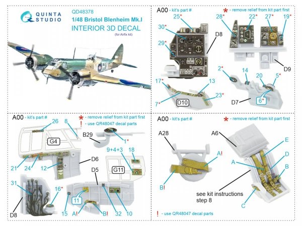 Quinta Studio QD48378 Bristol Blenheim Mk.I 3D-Printed &amp; coloured Interior on decal paper (Airfix) 1/48