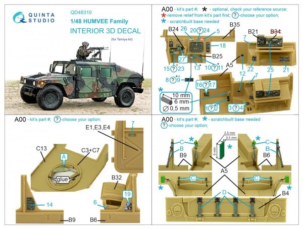 Quinta Studio QD48310 HUMVEE family 3D-Printed &amp; coloured Interior on decal paper (Tamiya) 1/48