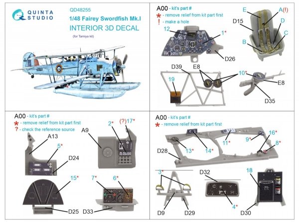 Quinta Studio QD48255 Swordfish Mk.I 3D-Printed &amp; coloured Interior on decal paper ( Tamiya ) 1/48