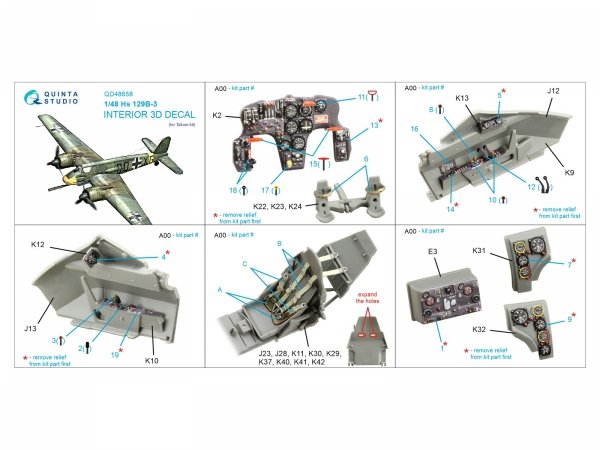 Quinta Studio QD48658 Hs 129B-3 3D-Printed &amp; coloured Interior on decal paper (Takom) 1/48