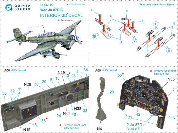 Quinta Studio QD32087 Ju87 D/G 3D-Printed &amp; coloured Interior on decal paper (Trumpeter) 1/32