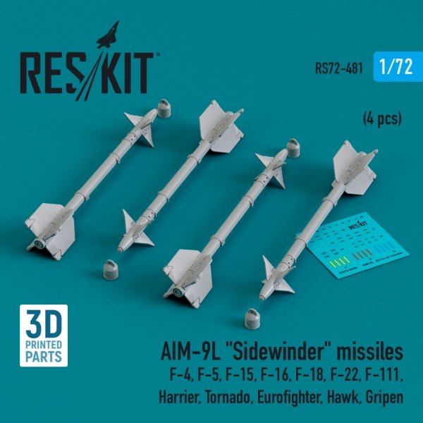 RESKIT RS72-0481 AIM-9L &quot;Sidewinder&quot; missiles (4 pcs) (3D Printed) 1/72