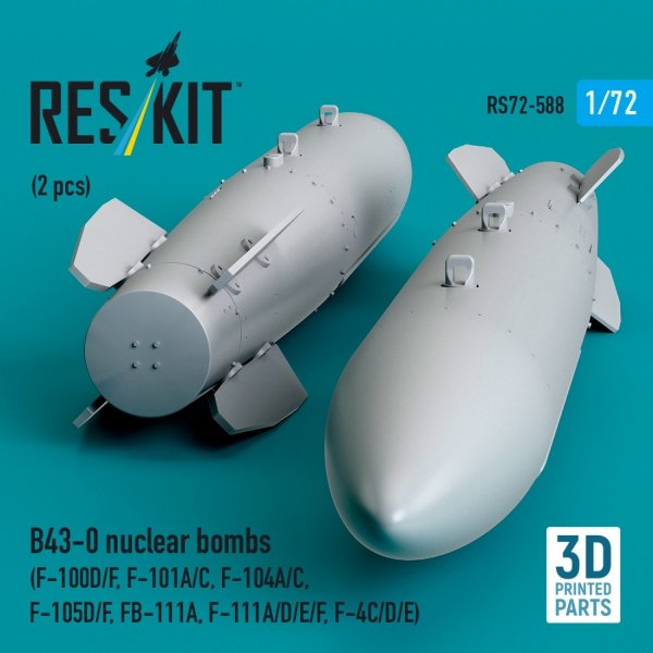 RESKIT RS72-0588 B43-0 nuclear bombs (2 pcs) (F-100D/F, F-101A/C, F-104A/C, F-105D/F, FB-111A, F-111A/E/D/F, F-4C/D/E) (3D Printed) (1/72)