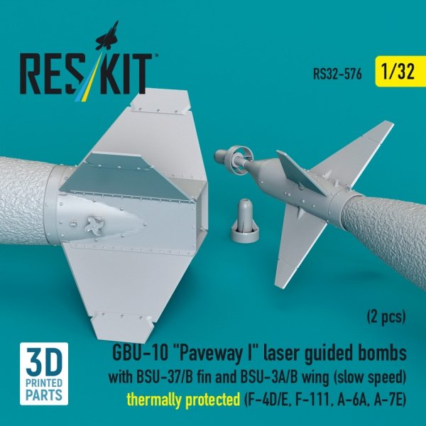 RESKIT RS32-0576 GBU-10 "Paveway I" laser guided bombs with BSU-37/B fin and BSU-3A/B wing (slow speed) thermally protected (2 pcs) (3D Printed) 1/32