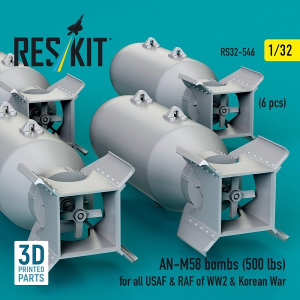 RESKIT RS32-0546 AN-M58 bombs (500 lbs) for all USAF &amp; RAF of WW2 &amp; Korean War (6 pcs) (3D Printed) 1/32