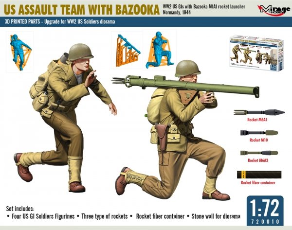 Mirage Hobby 720010 US ASSAULT TEAM WITH BAZOOKA, WW2 US GIs with Bazooka M1A1 Rocket Launcher Normandy, 1944 1/72
