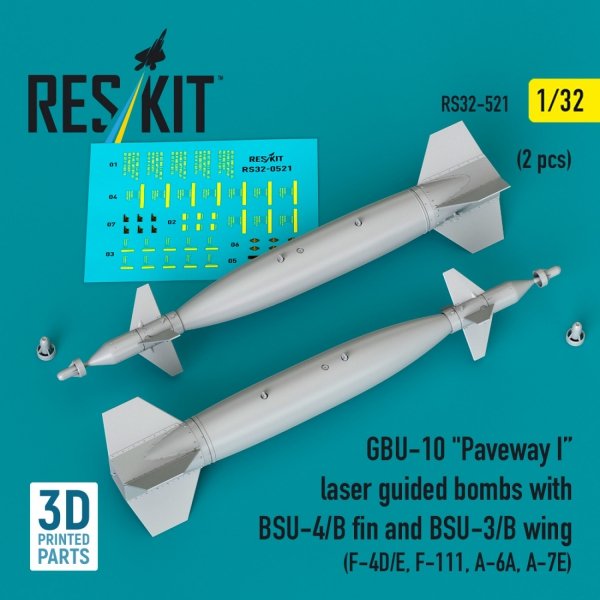 RESKIT RS32-0521 GBU-10 "Paveway I" laser guided bombs with BSU-4/B fin and BSU-3/B wing (2 pcs) (3D Printed) 1/32