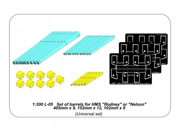 Aber 200L-05 Set of barrels for HMS Rodney or Nelson - 405mm x 9, 152mm x 12, 102mm x 6 1/200