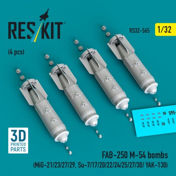 RESKIT RS32-0565 FAB-250 М-54 bombs (4 pcs) (MiG-21/23/27/29, Su-7/17/20/22/24/25/27/30/ YAK-130) (3D Printed) (1/32)