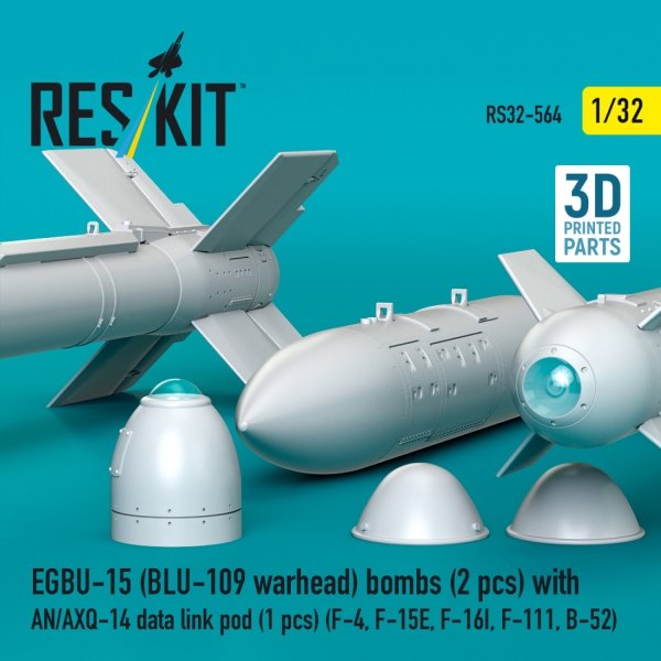 RESKIT RS32-0564 EGBU-15 (BLU-109 warhead) bombs (2 pcs) with AN/AXQ-14 data link pod (1 pcs) (3D Printed) 1/32