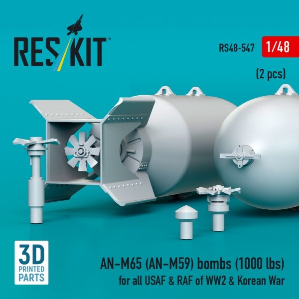 RESKIT RS48-0547 AN-M65 (AN-M59) bombs (2 pcs) (1000 lbs) for all USAF &amp; RAF of WW2 &amp; Korean War (3D Printed) 1/48