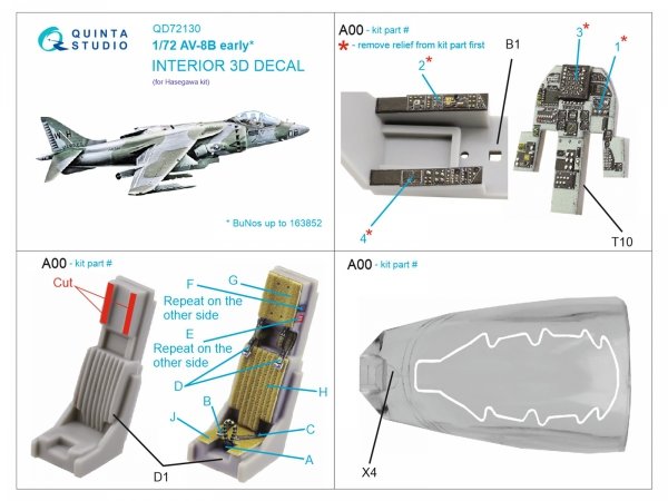 Quinta Studio QD72130 AV-8B early 3D-Printed coloured Interior on decal paper (Hasegawa) 1/72