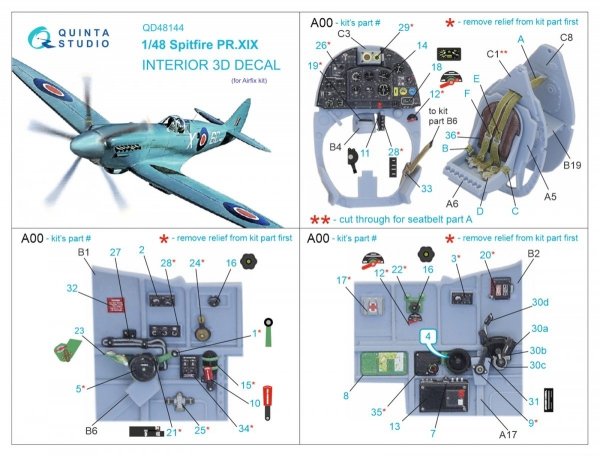 Quinta Studio QD48144 Spitfire PR.XIX 3D-Printed &amp; coloured Interior on decal paper (Airfix) 1/48