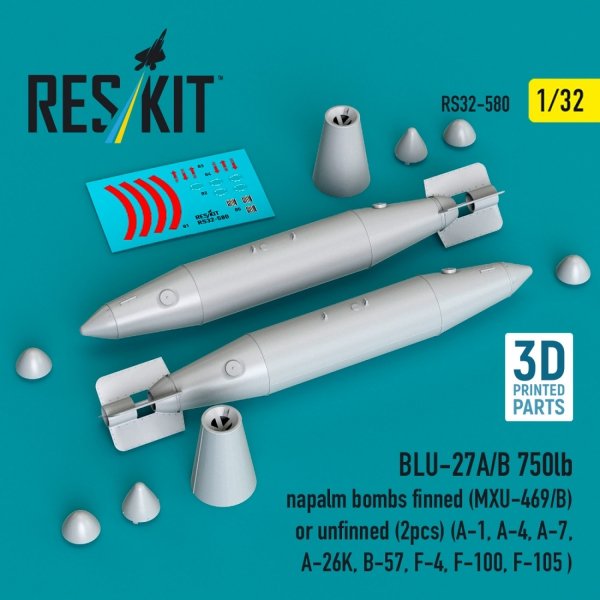 RESKIT RS32-0580 BLU-27A/B 750lb napalm bombs finned (MXU-469/B) or unfinned (2 pcs) (A-1, A-4, A-7, A-26K, B-57, F-4, F-100, F-105 ) (3D Printed) (1/32)