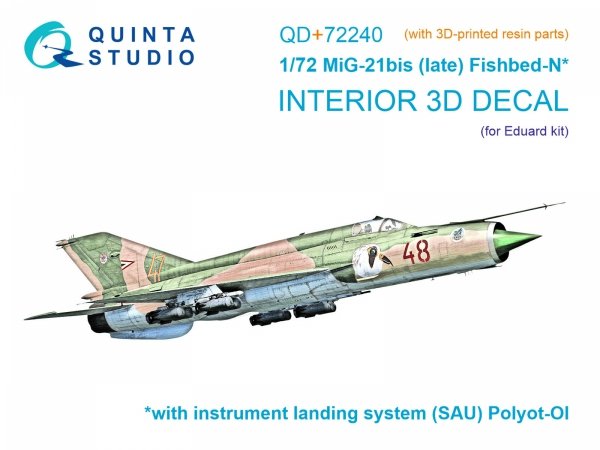 Quinta Studio QD+72240 MiG-21bis late 3D-Printed &amp; coloured Interior on decal paper ( Eduard )( with 3D-printed resin parts ) 1/72