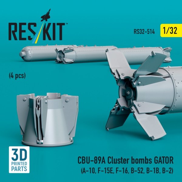 RESKIT RS32-0514 CBU-89A cluster bombs GATOR (4 pcs) (3D Printed) 1/32