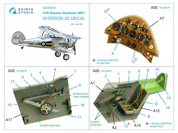 Quinta Studio QD48393 Gloster Gladiator MKI 3D-Printed &amp; coloured Interior on decal paper (I Love Kit) 1/48