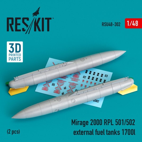 RESKIT RSU48-0302 MIRAGE 2000 RPL 501/502 EXTERNAL FUEL TANKS 1700LT (2 PCS) (3D PRINTED) 1/48