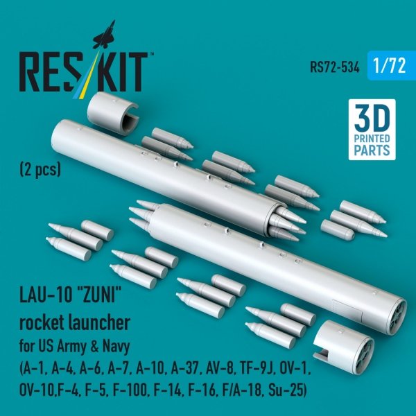 RESKIT RS72-0534 LAU-10 "ZUNI" rocket launcher for US Army &amp; Navy (2 pcs) (A-1, A-4, A-6, A-7, A-10, A-37, AV-8, TF-9J, OV-1, OV-10, F-4, F-5, F-100, F-14, F-16, F/A-18, Su-25) (3D Printed) (1/72)