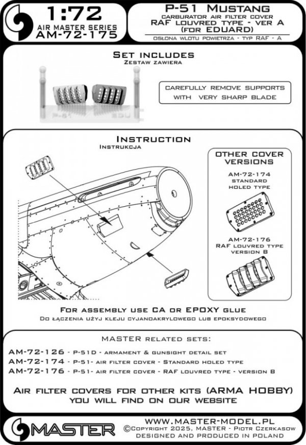 Master AM-72-175 P-51 Mustang - pokrywa wlotu powietrza do gaźnika - typ z żaluzjami dla RAF - wersja A (do modelu Eduard) 1/72