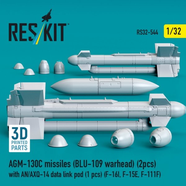 RESKIT RS32-0544 AGM-130C missiles (BLU-109 warhead) (2 pcs) with AN/AXQ-14 data link pod (1 pcs) (3D Printed) 1/32