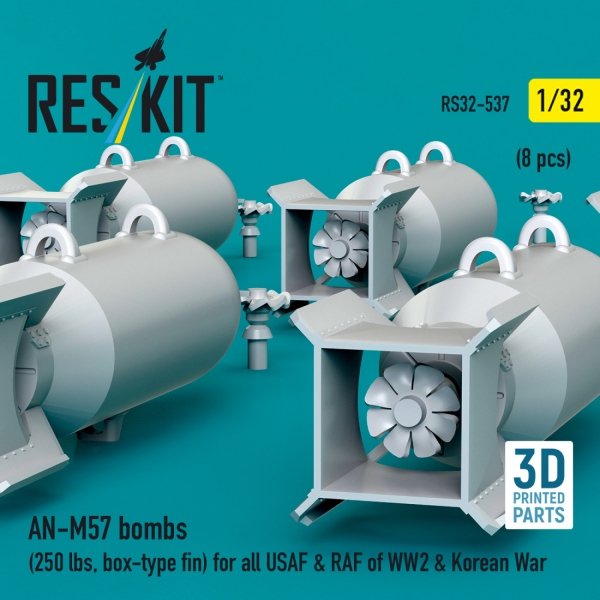 RESKIT RS32-0537 AN-M57 bombs (250 lbs, box-type fin) for all USAF &amp; RAF of WW2 &amp; Korean War (8 pcs) (3D Printed) 1/32