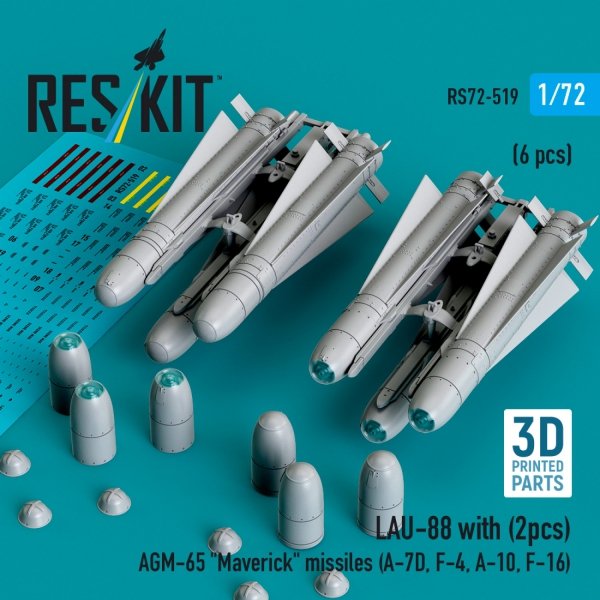 RESKIT RS72-0519 LAU-88 with (2 pcs) AGM-65 &quot;Maverick&quot; missiles (6 pcs) (3D Printed) 1/72