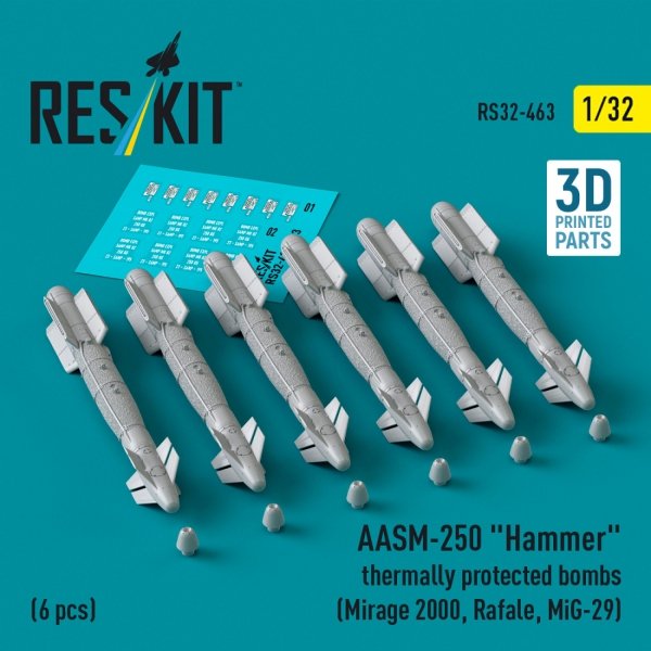 RESKIT RS32-0463 AASM-250 &quot;Hammer&quot; thermally protected bombs (6 pcs) (3D Printed) 1/32