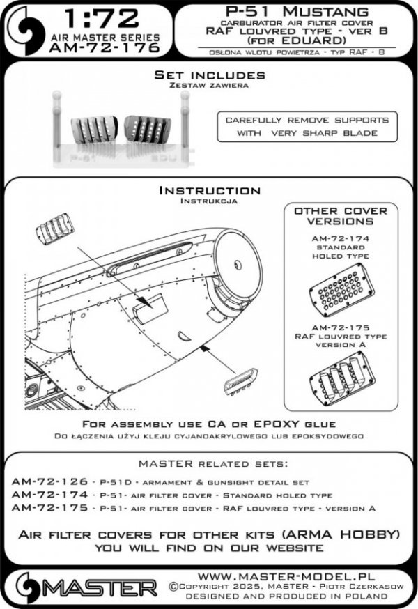 Master AM-72-176 P-51 Mustang - pokrywa wlotu powietrza do gaźnika - typ z żaluzjami dla RAF - wersja B (do modelu Eduard) 1/72