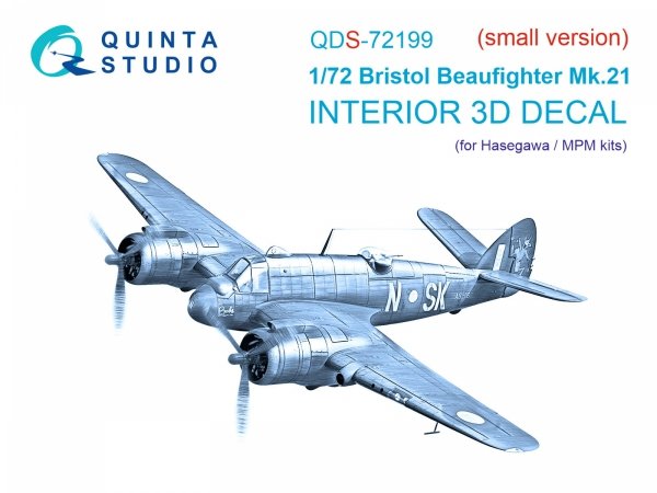 Quinta Studio QDS-72199 Bristol Beaufighter Mk.21 3D-Printed &amp; coloured Interior on decal paper (Hasegawa/MPM) (small version) 1/72