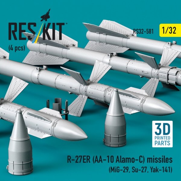 RESKIT RS32-0581 R-27ER (AA-10 Alamo-C) missiles (4 pcs) (MiG-29, Su-27, Yak-141) (3D Printed) (1/32)