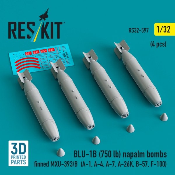 RESKIT RS32-0597 BLU-1B (750 lb) napalm bombs finned MXU-393/B (4 pcs) (A-1, A-4, A-7, A-26K, B-57, F-100) (3D Printed) (1/32)