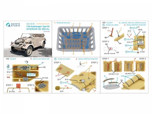 Quinta Studio QD+35143 Kubelwagen Type 82 3D-Printed &amp; coloured Interior on decal paper (Hero) (with 3D-printed resin parts)1/35