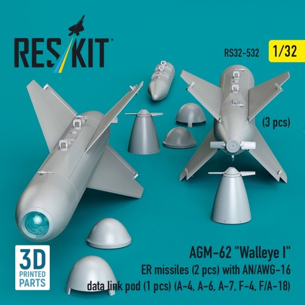 RESKIT RS32-0532 AGM-62 "Walleye I" ER missiles (2 pcs) with AN/AWG-16 data link pod (1 pcs) (A-4, A-6, A-7, F-4, F/A-18) (3D Printed) (1/32)